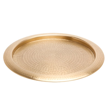 The Winsford Brass Barware Collection by Blue Pheasant features a round gold tray with a crisscross-etched texture and raised rim—ideal for adding modern bar style to any setting.