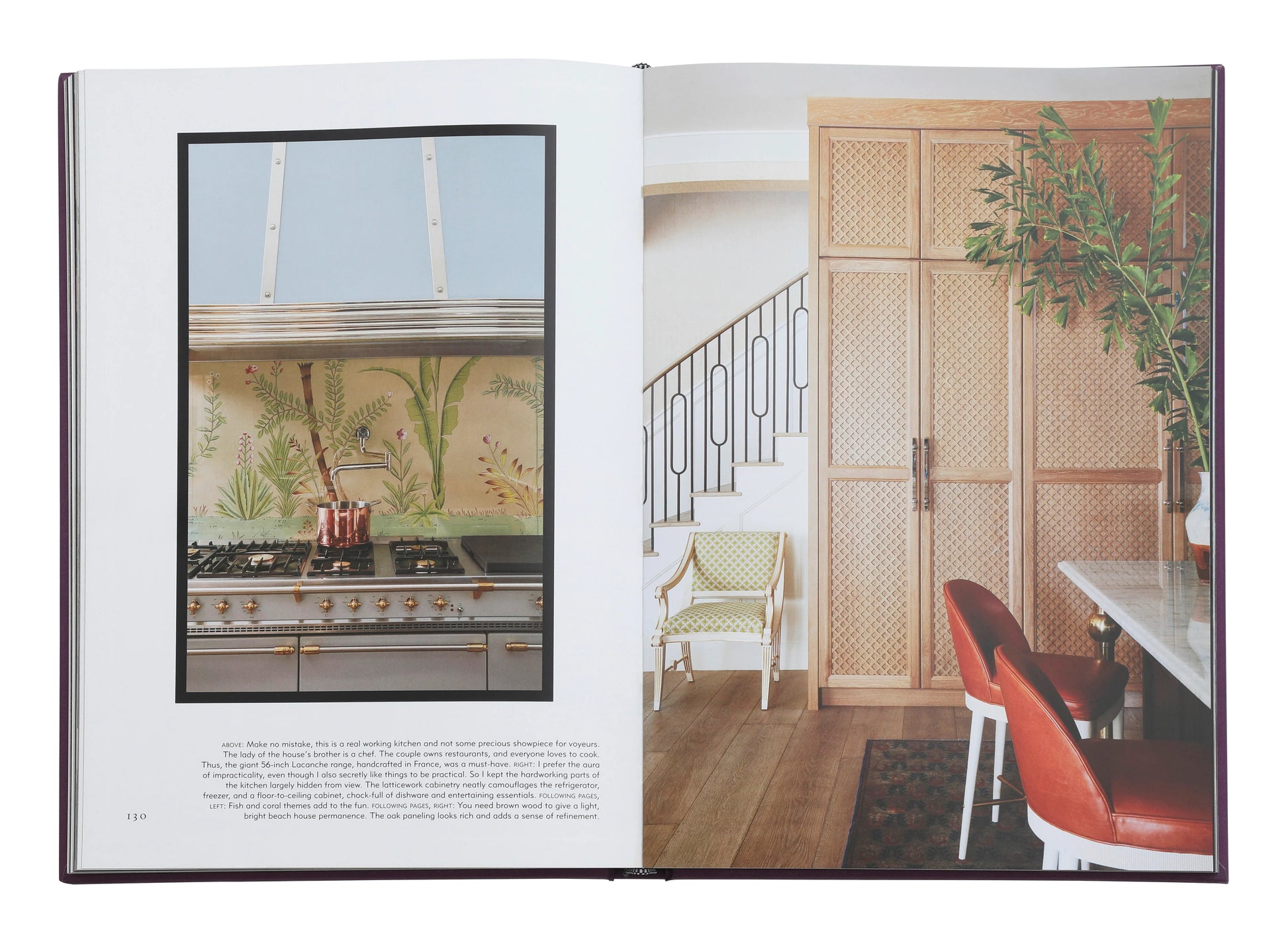 Open book displaying an elegant kitchen with a patterned backsplash on the left page, and a dining area featuring red chairs and wood accents on the right page—capturing the vibrant maximalist decor featured in *Wonderland Adventures in Decorating* by Rizzoli.