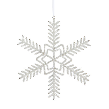 The Pearl Beaded Snowflake Ornament by Park Hill Collection features an elegant design and hangs from a white ribbon, creating a winter-inspired accent against any background.