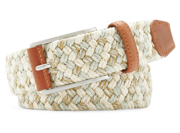 Peter Millar Cream-colored Cotton Melange Braided Belt with brown cowhide leather accents and a silver buckle, isolated on a white background.