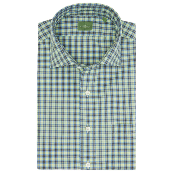 A folded Sid Mashburn Spread Collar Sport Shirt in green and blue plaid, featuring long sleeves and white buttons.