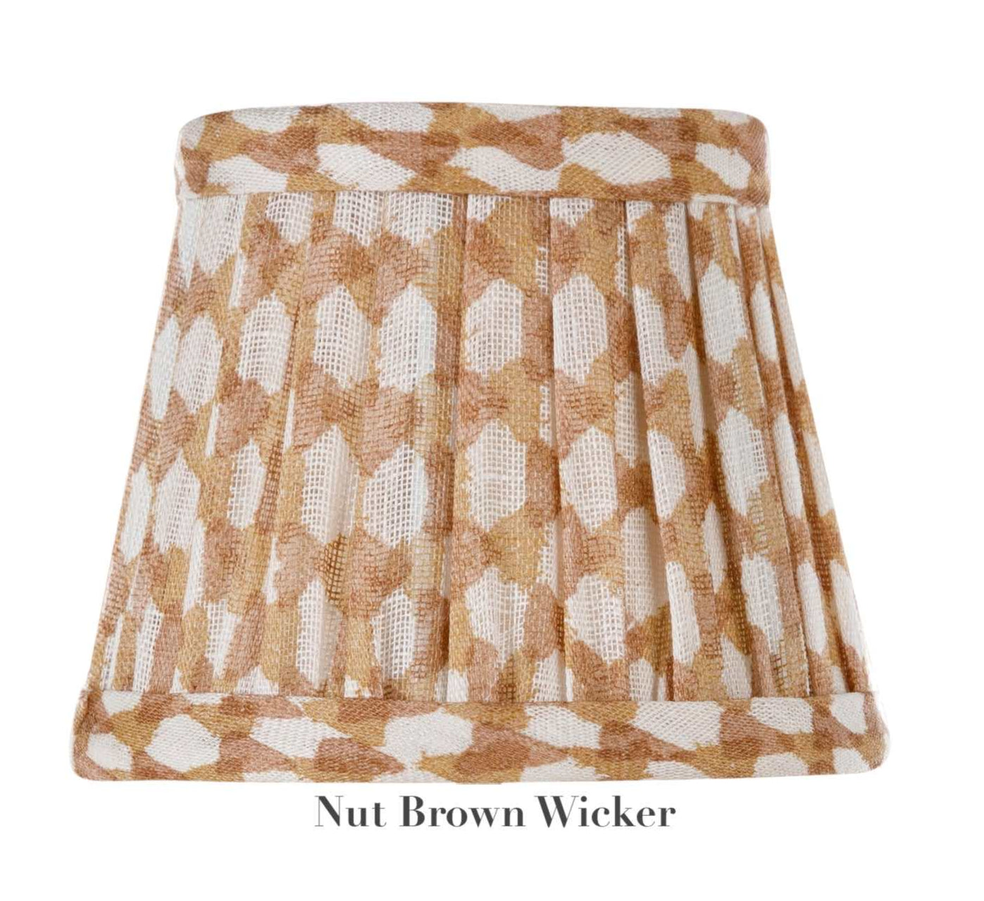 The Zafferano America "Nut Brown Wicker" lampshade from the Zafferano x Fermoie Poldina Collection showcases a nut brown and white geometric pattern that echoes Fermoie's artisanal hand-made design charm.