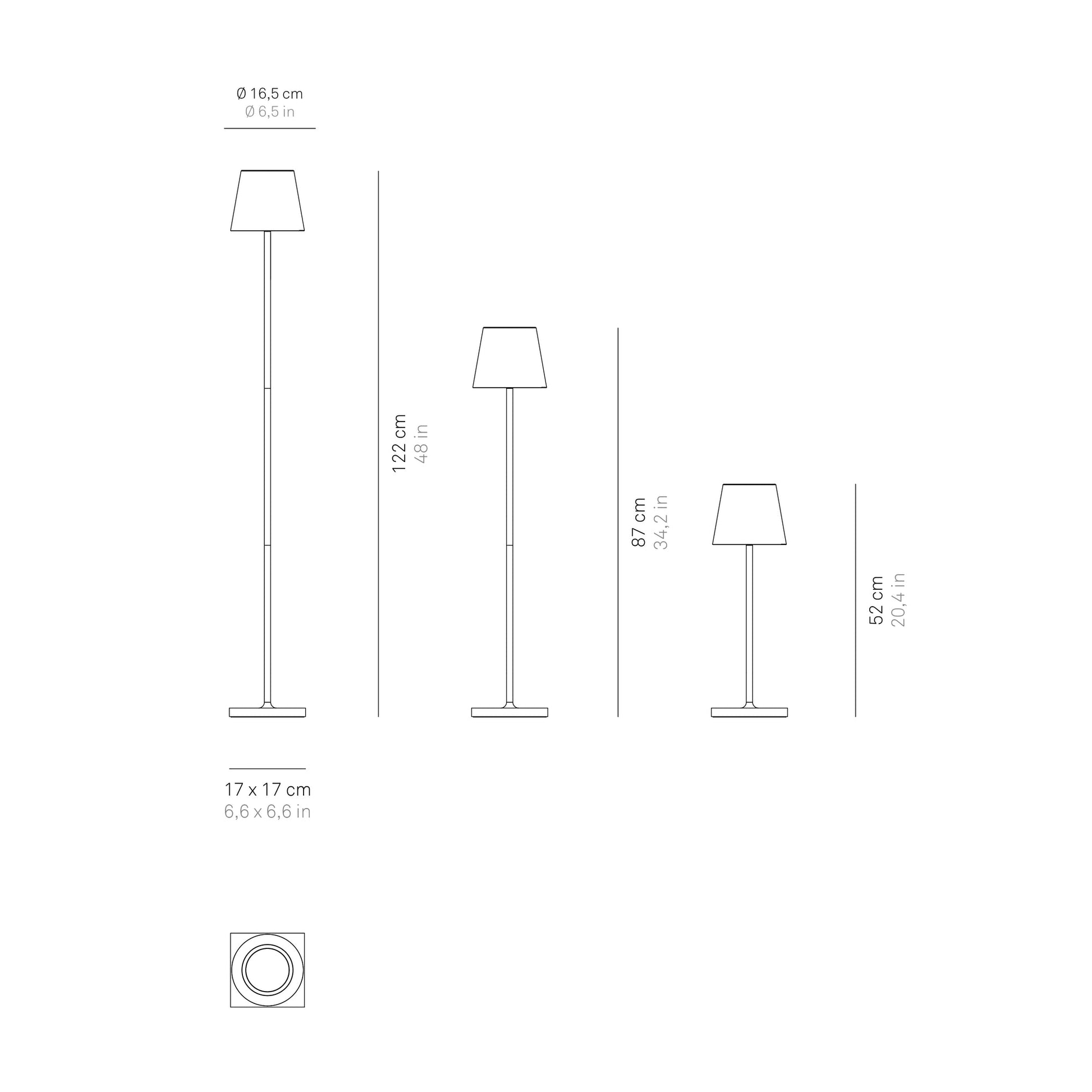 Line drawings of the Zafferano America Poldina Pro L Floor Lamp in three heights—122 cm, 87 cm, and 52 cm—show labeled dimensions for each version and base, plus convenient touch dimming.
