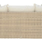 The Zeya Outdoor 3 Seater Sofa by Janus et Cie features a woven rattan design, straight backrest, and three white cushions. Shown from the back against a white background, this weather-resistant piece seats three comfortably.