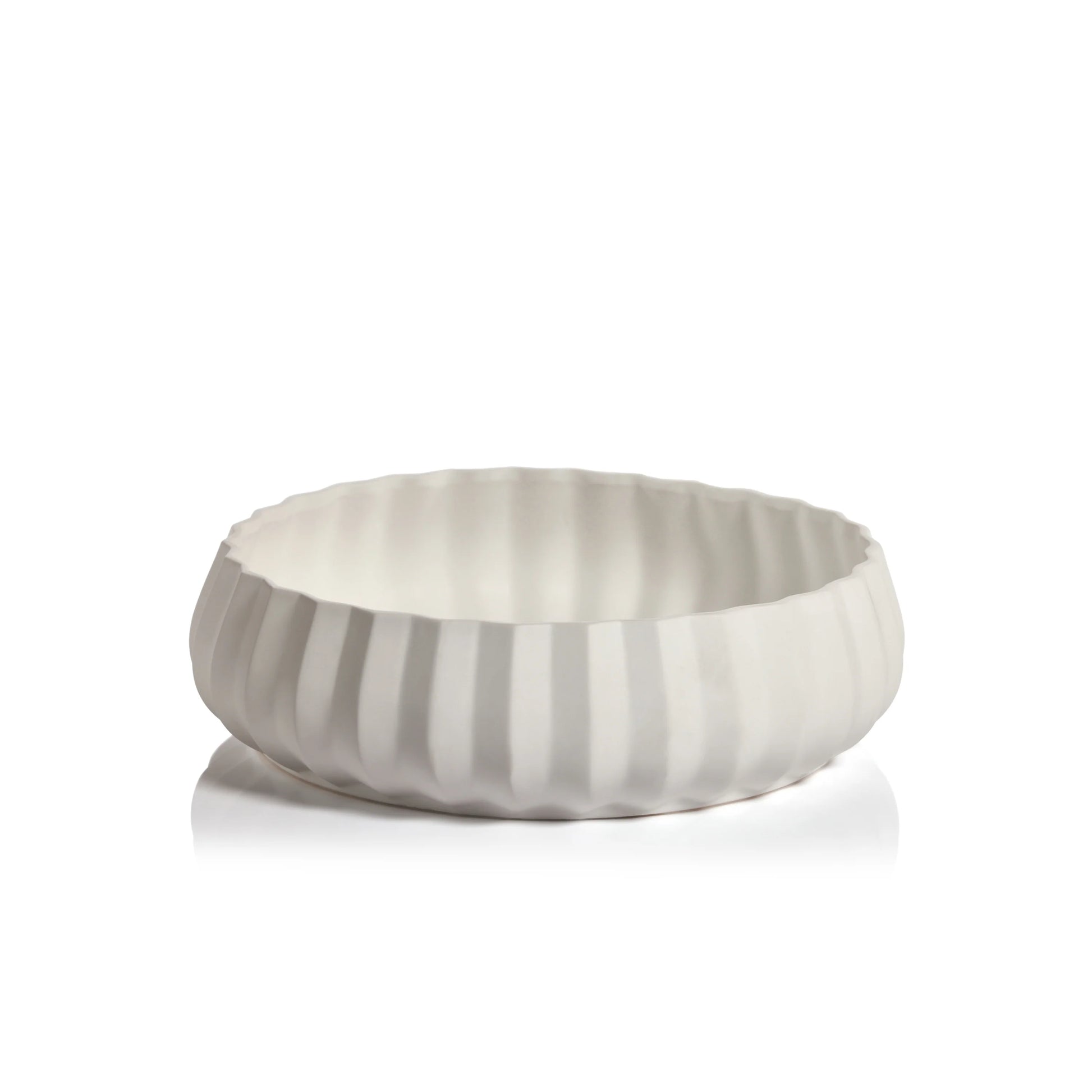 The Zodax Catalina Ceramic Bowl Collection features white ceramic bowls with a wide, round shape and ribbed textured exterior, ideal as centerpieces or decorative accents, shown on a white background.
