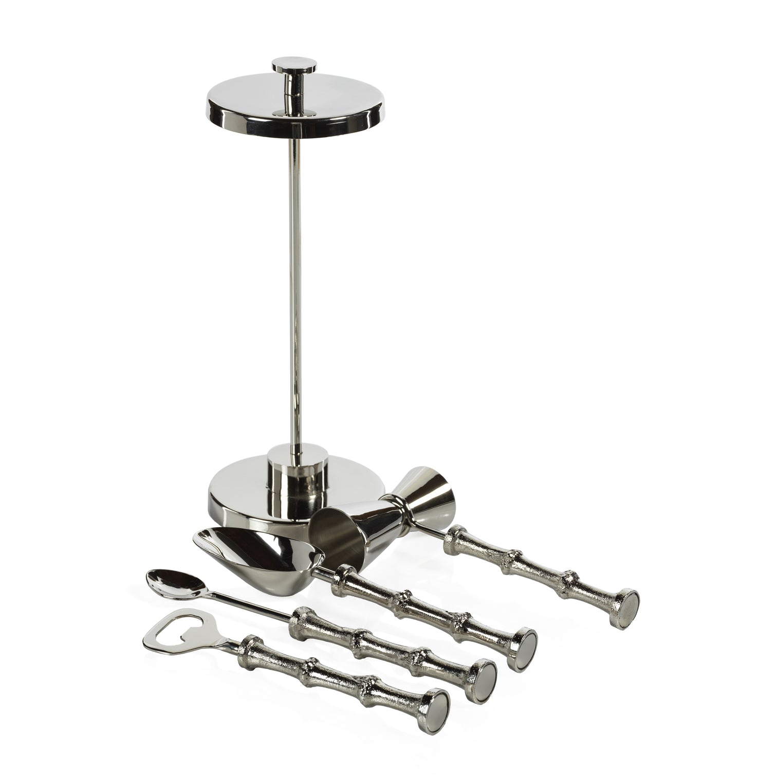 The Zodax Bamboo 5 Piece Bar Tool Set features a stand, jigger, bottle opener, spoon, and strainer with matching textured handles, displayed on a white background—an ideal addition to any home bar.