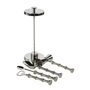 The Zodax Bamboo 5 Piece Bar Tool Set features a stand, jigger, bottle opener, spoon, and strainer with matching textured handles, displayed on a white background—an ideal addition to any home bar.