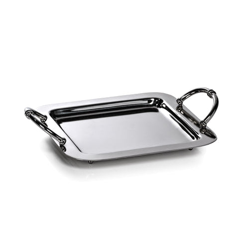 The Manetta Polished Nickel Tray Collection by Zodax features a rectangular tray with two curved handles and small feet, adding elegance and style to any setting. Shown on a white background.
