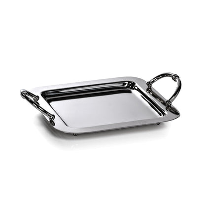 The Manetta Polished Nickel Tray Collection by Zodax features a rectangular tray with two curved handles and small feet, adding elegance and style to any setting. Shown on a white background.