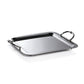 The Zodax Manetta Polished Nickel Tray Collection features a rectangular stainless steel tray with curved side handles, resting elegantly on any surface—ideal as a decorative accent for any occasion.