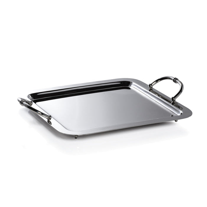The Zodax Manetta Polished Nickel Tray Collection features a rectangular stainless steel tray with curved side handles, resting elegantly on any surface—ideal as a decorative accent for any occasion.