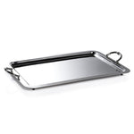 The Manetta Polished Nickel Tray Collection by Zodax features a rectangular stainless steel tray with raised edges and two handles, shown on a white background—ideal as a decorative piece for stylish entertaining.