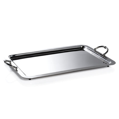 The Manetta Polished Nickel Tray Collection by Zodax features a rectangular stainless steel tray with raised edges and two handles, shown on a white background—ideal as a decorative piece for stylish entertaining.