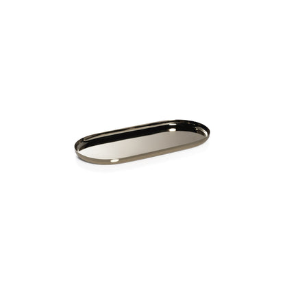 The Zodax Park Lane Oval Tray Collection features a shiny, polished nickel oval tray with raised edges, photographed against a white background.