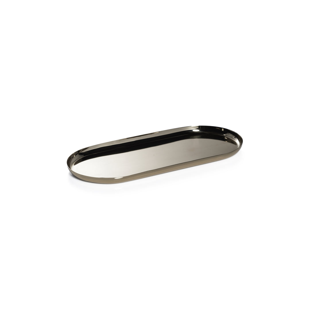 The Park Lane Oval Tray Collection by Zodax features a metallic, oval tray with a polished nickel finish and reflective surface, shown against a plain white background.