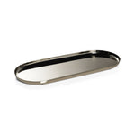 The Zodax Park Lane Oval Tray Collection features a shiny, oval-shaped decorative tray with raised edges and a polished nickel finish, displayed against a plain white background.