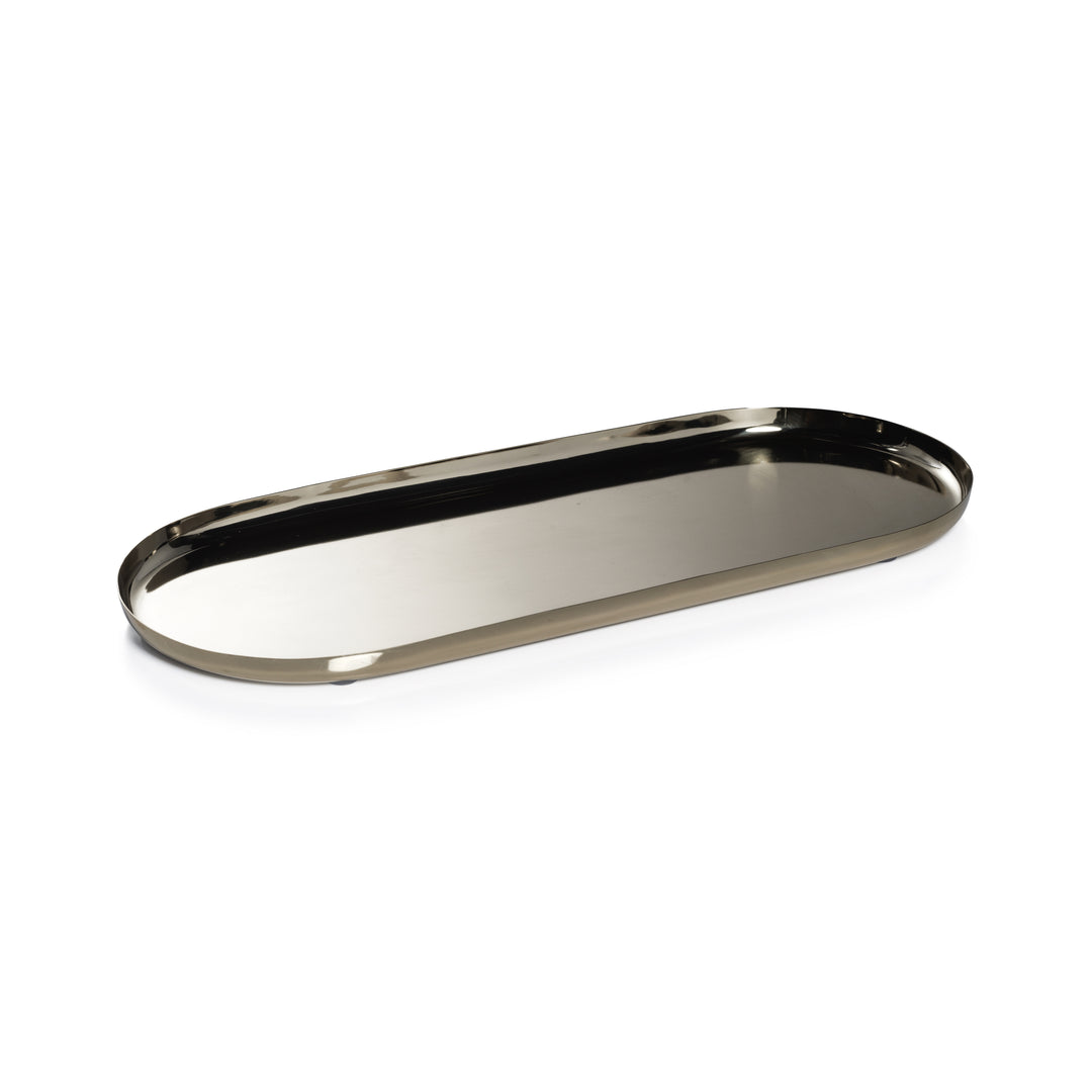 The Zodax Park Lane Oval Tray Collection features a shiny, oval-shaped decorative tray with raised edges and a polished nickel finish, displayed against a plain white background.