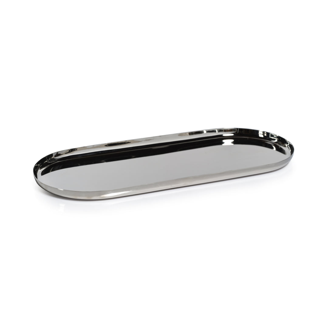 The Park Lane Oval Tray Collection by Zodax features a polished nickel, oval-shaped tray with a raised edge, shown on a white background.