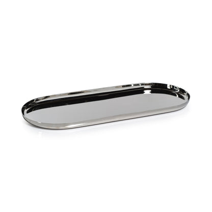 The Park Lane Oval Tray Collection by Zodax features a polished nickel, oval-shaped tray with a raised edge, shown on a white background.