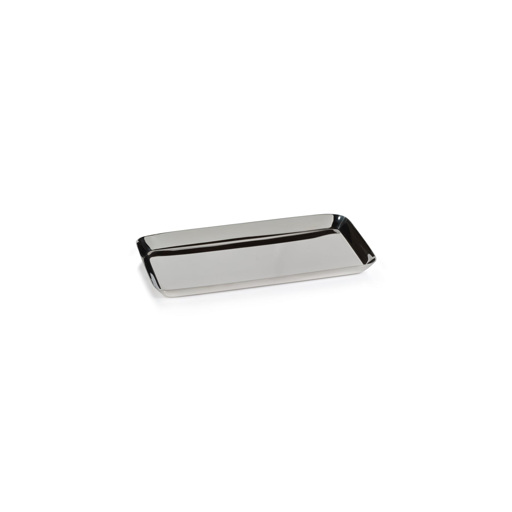 The Park Lane Versatile Rectangle Tray Collection by Zodax features a sleek, rectangular silver-colored steel tray with slightly raised edges—ideal as a modern decorative accent. Photographed on a plain white background.