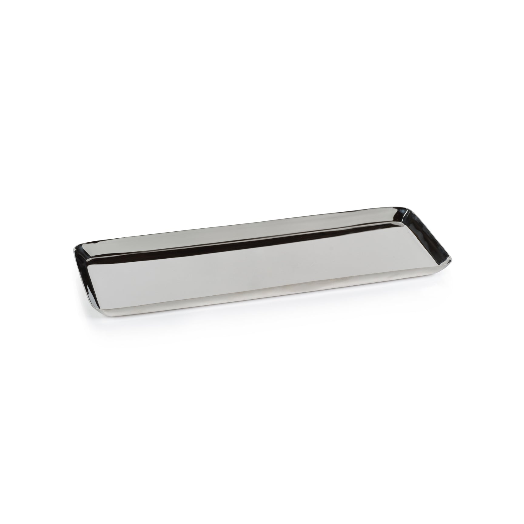 The Park Lane Versatile Rectangle Tray Collection by Zodax features sleek stainless steel trays with raised edges, perfect for elegant display on any surface.