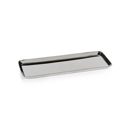 The Park Lane Versatile Rectangle Tray Collection by Zodax features sleek stainless steel trays with raised edges, perfect for elegant display on any surface.