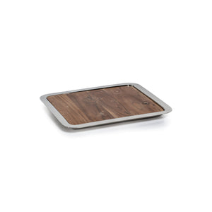 The Zodax Brasserie Steel and Acacia Wood Gastronomy Board features an acacia wood center with a metal rim, perfect as a charcuterie board and ideal for serving on any surface.