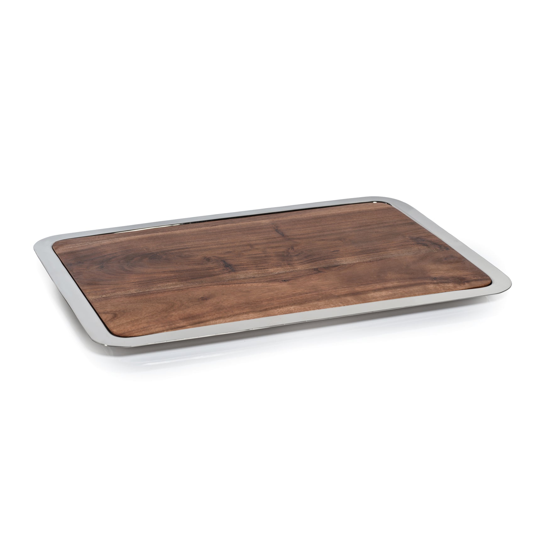 The Zodax Brasserie Steel and Acacia Wood Gastronomy Board Collection features a rectangular acacia wood board with a metal rim, showcased against a plain white background.