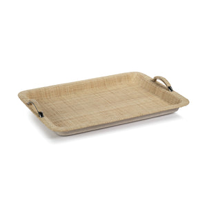 The Airelles Raffia and Chambray Serving Tray by Zodax features slightly raised edges and two handles, displayed against a plain white background.