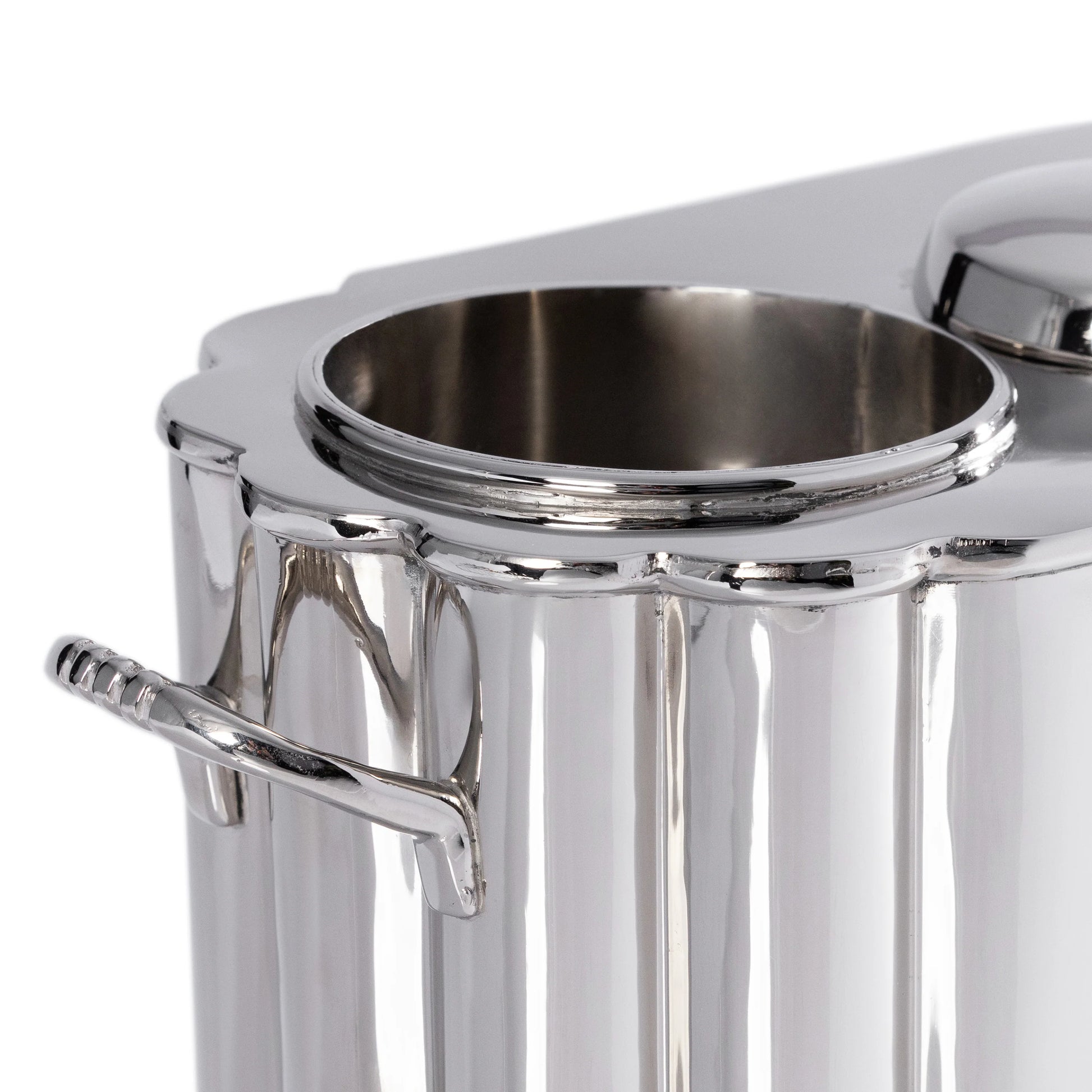 The Zodax Alsace Brass Two Bottle Wine Cooler in Polished Nickel features a shiny finish, circular opening, and side handle—perfect for serving wine in style.