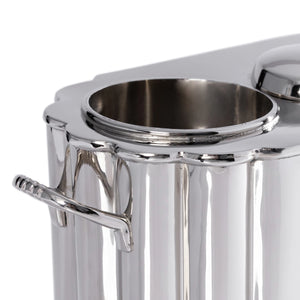 The Zodax Alsace Brass Two Bottle Wine Cooler in Polished Nickel features a shiny finish, circular opening, and side handle—perfect for serving wine in style.
