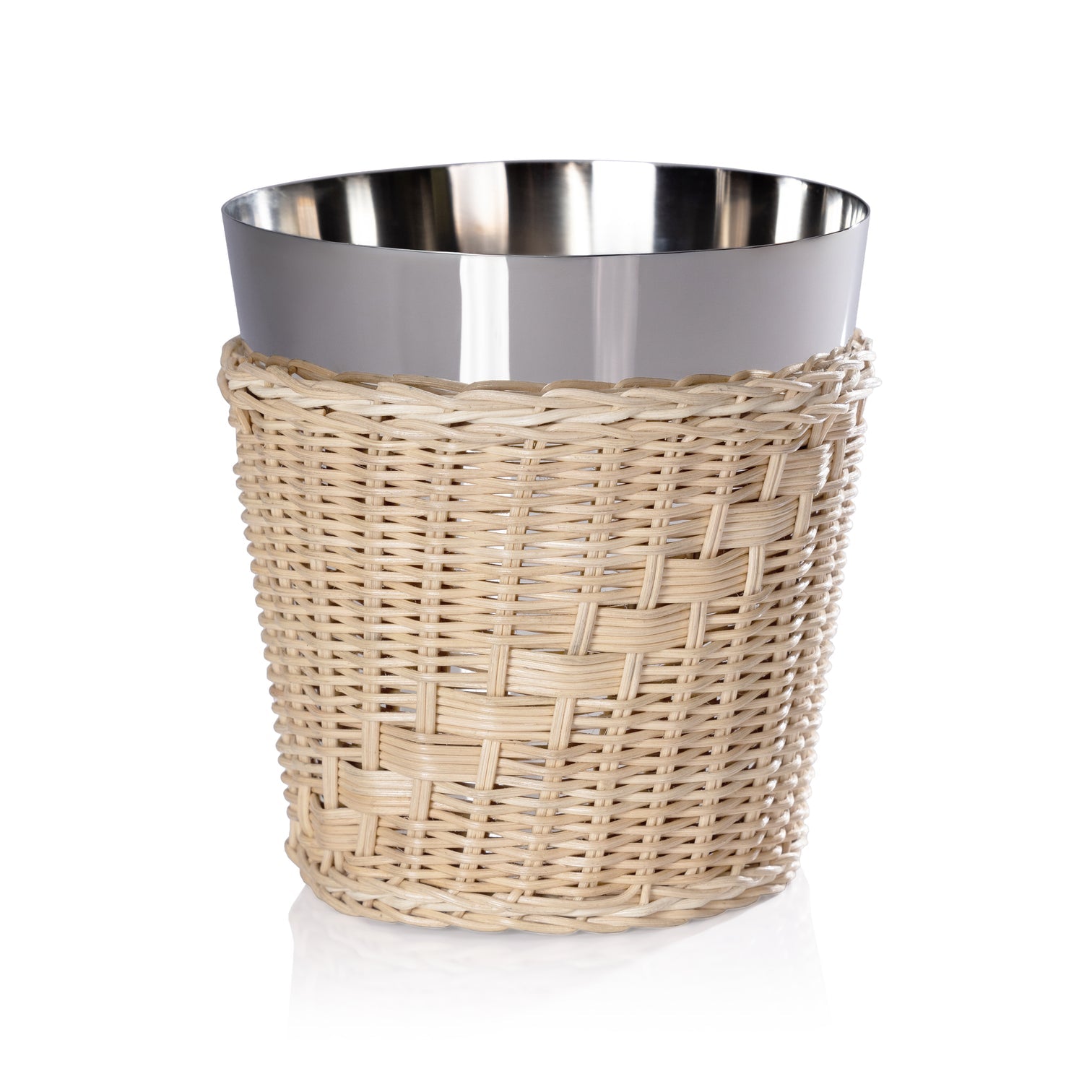 The Zodax Palmier Barware Collection wine cooler features a beige hand-woven rattan exterior and stainless steel interior, shown against a white background.