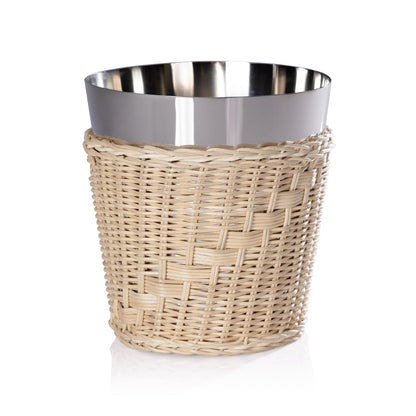 The Zodax Palmier Barware Collection wine cooler features a beige hand-woven rattan exterior and stainless steel interior, shown against a white background.