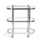 The Zodax Oval Round Bar Cart Trolley features three glass tiers, chrome accents, rounded edges, and four swivel caster wheels, offering ample space for bar accessories in a sleek mobile design.