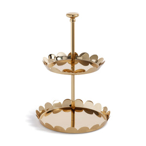 The Zodax Scalloped Two-Tier Tray Collection features a gold serving tray with scalloped edges and a central handle, displayed against a plain white background.