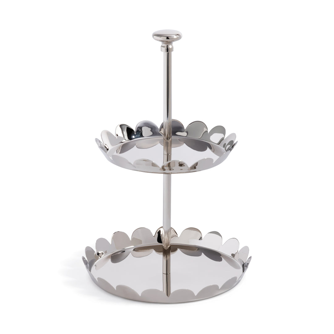 The Scalloped Two-Tier Tray Collection by Zodax features polished nickel trays with scalloped edges and a central support pole.