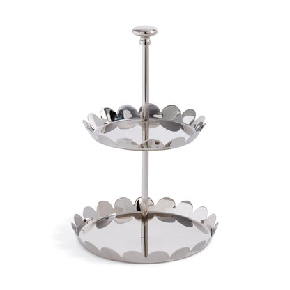 The Scalloped Two-Tier Tray Collection by Zodax features polished nickel trays with scalloped edges and a central support pole.