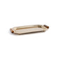The Zodax Octagon Metal Tray with Horn Handle Collection features a rectangular polished gold tray with raised edges, rounded horn handles at both ends, and four small feet, displayed on a white background.