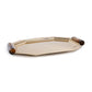 The Zodax Octagon Metal Tray with Horn Handle Collection features a polished gold octagonal design and raised horn handles, elegantly displayed against a white background.