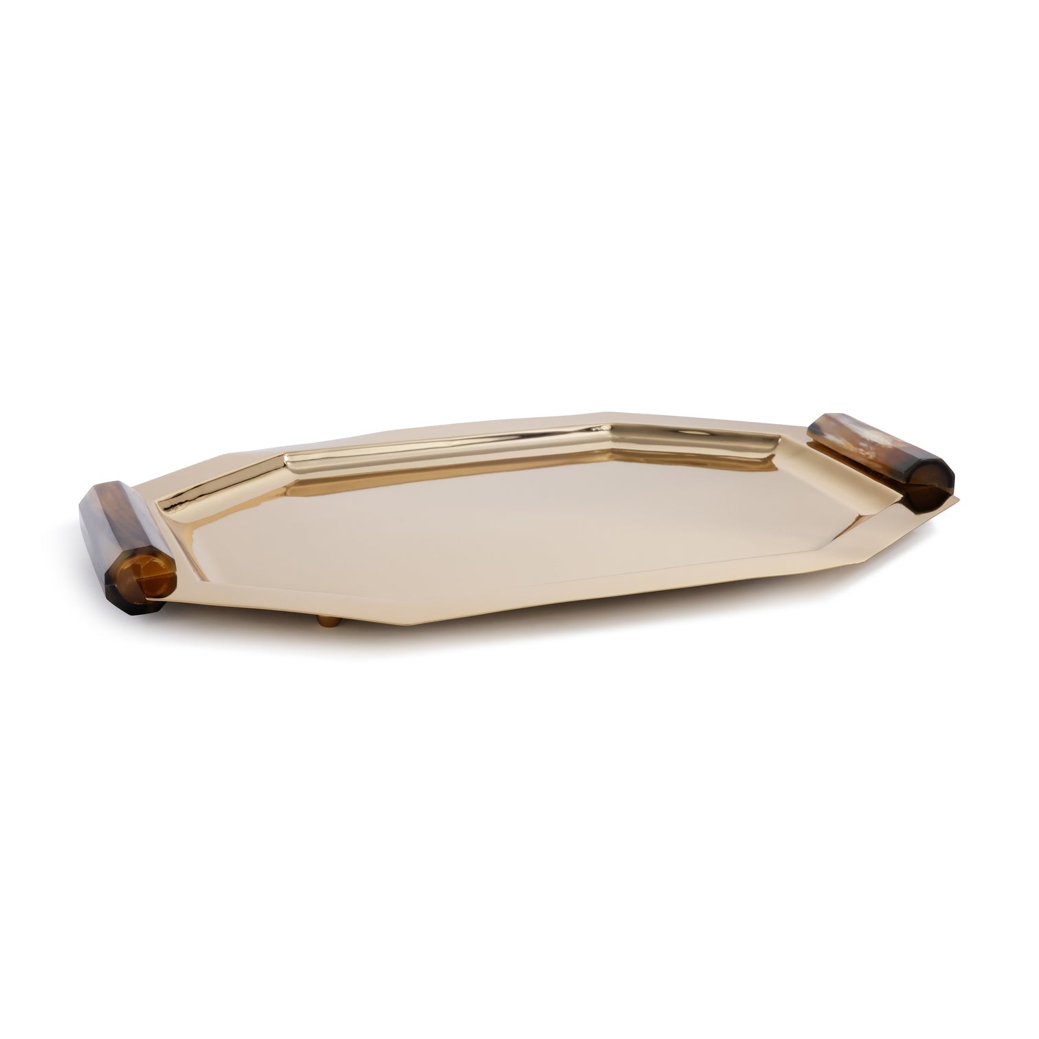 The Zodax Octagon Metal Tray with Horn Handle Collection features a polished gold octagonal design and raised horn handles, elegantly displayed against a white background.
