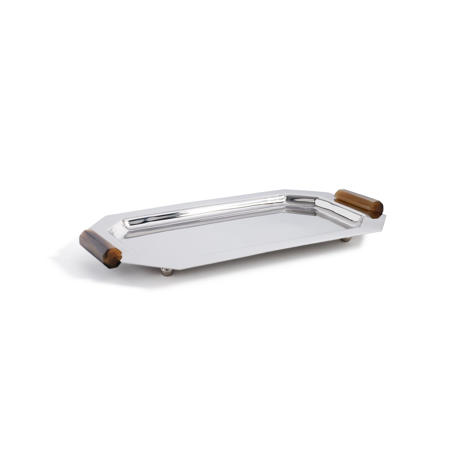 Octagon Metal Tray with Horn Handle Collection by Zodax, featuring raised edges and cylindrical horn handles at both ends, shown on a white background.