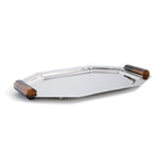 The Zodax Octagon Metal Tray with Horn Handle Collection features a rectangular stainless steel tray with polished gold accents and faceted amber-brown horn handles, adding sophisticated style to any setting.