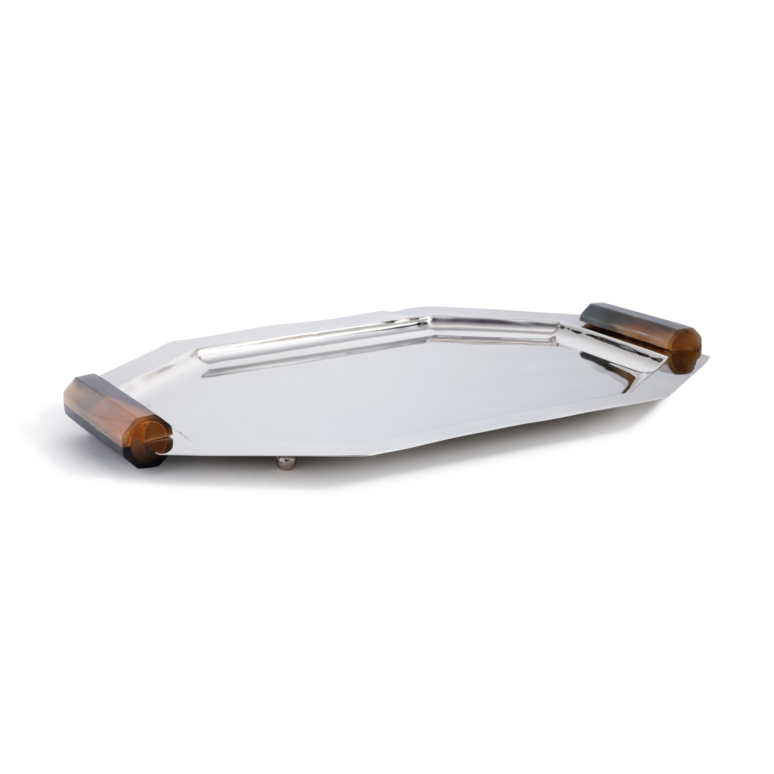 The Zodax Octagon Metal Tray with Horn Handle Collection features a rectangular stainless steel tray with polished gold accents and faceted amber-brown horn handles, adding sophisticated style to any setting.