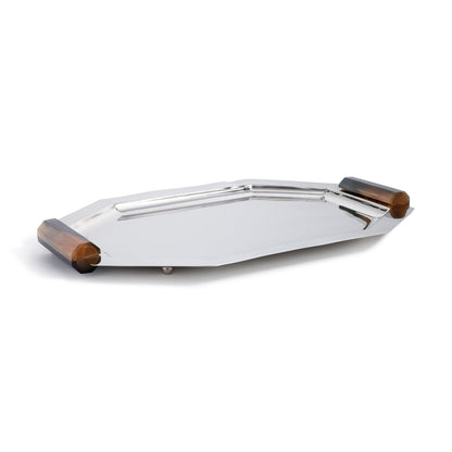 The Zodax Octagon Metal Tray with Horn Handle Collection features a rectangular stainless steel tray with polished gold accents and faceted amber-brown horn handles, adding sophisticated style to any setting.