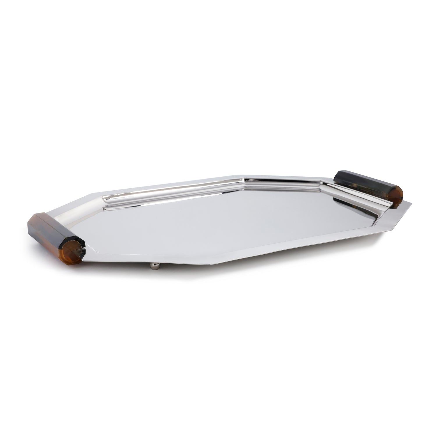 The Octagon Metal Tray with Horn Handle Collection by Zodax features a geometric metal tray with raised horn handles, dark translucent accents, and a refined silver finish.
