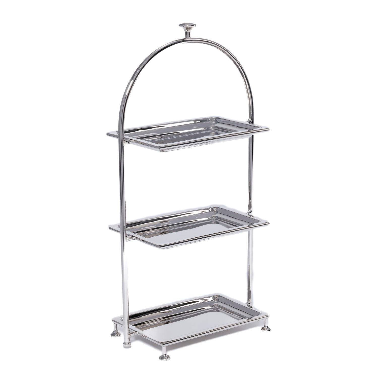 The Zodax High Tea 3-Tier Stand Collection features rectangular trays and an arched handle, perfect for displaying pastries or enhancing your afternoon tea service with elegance.