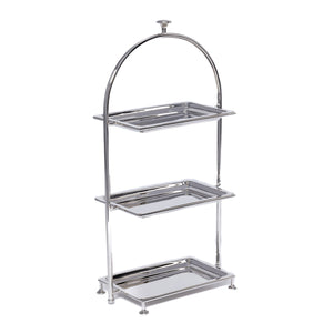 The Zodax High Tea 3-Tier Stand Collection features rectangular trays and an arched handle, perfect for displaying pastries or enhancing your afternoon tea service with elegance.