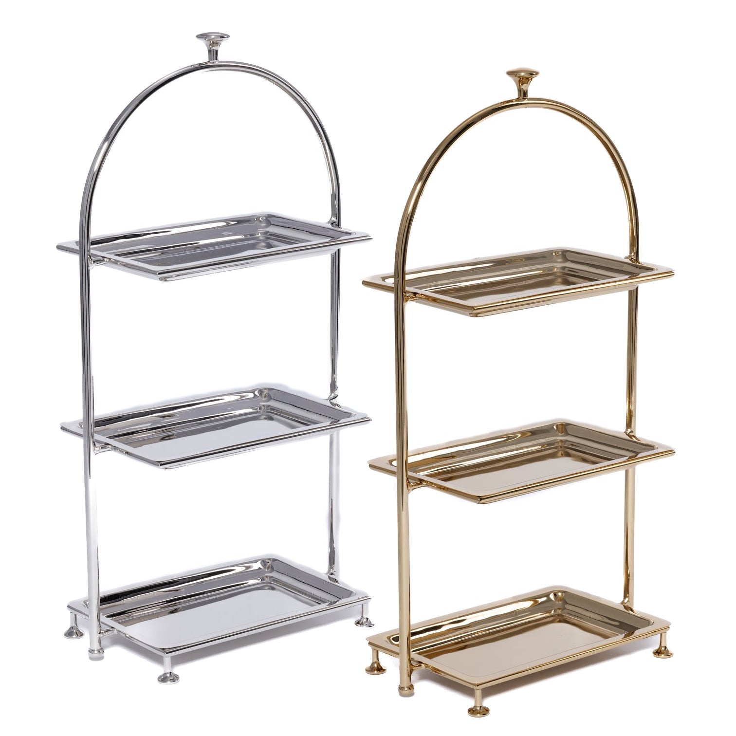 The Zodax High Tea 3-Tier Stand Collection features silver and gold stands with rectangular trays and arched frames, ideal for elegant afternoon tea service or displaying pastries in style.