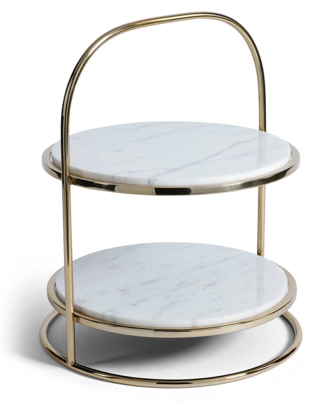 The Zodax Cake Stand features two round white marble tiers and a gold metal frame with a handle-style top—perfect for displaying desserts at gatherings.