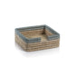 The Zodax La Côte Coiled Napkin Holder features tan woven sides and a blue-grey rim, adding elegant table decor to any setting, shown here against a plain white background.